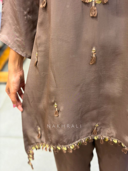 Cavira Brown Kurta Pant Set with Zari Sequin Work