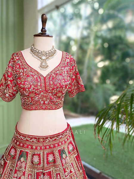 Shahi Vivah Bridal Red Raw Silk Bridal Lehenga Set With Zardozi, Pitta & Resham Work
