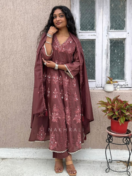 Mrinmayi Wine Pure Mul Cotton Anarkali Suit Set With Thread Embroidery & Mirror Work