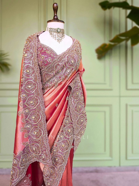 Suhasani Wine Saree with Readymade Blouse and Sequin Bead Embroidery