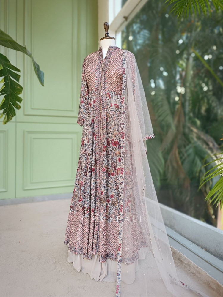 Image of Qymera Beige Printed Anarkali Suit Set with Sequin Embroidery