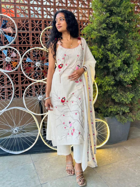 Rivya Cream Cotton Suit Set with Nature Embroidery