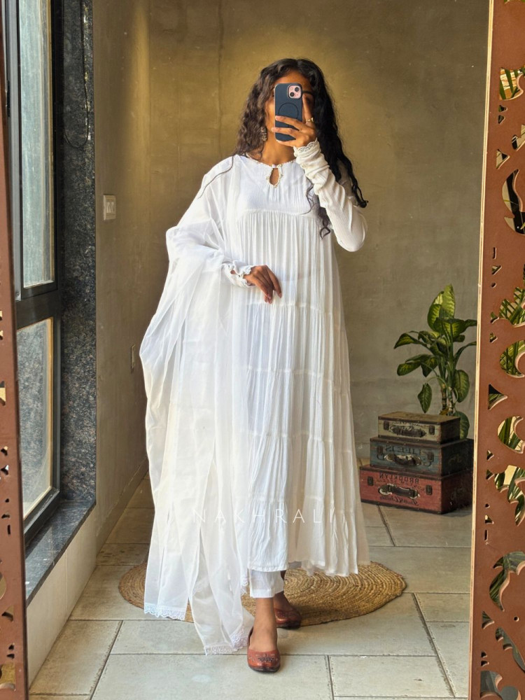 Image of Calira White Cotton Anarkali Suit Set with Organza Dupatta