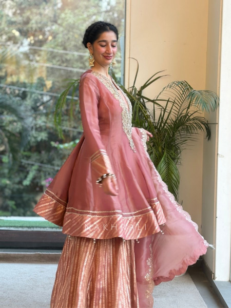Nazakat-E-Tissue Onion Pink Short Anarkali Sharara Suit Set