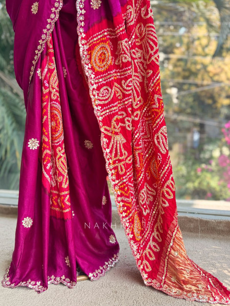 Rangtaal Wine Bandhani Saree
