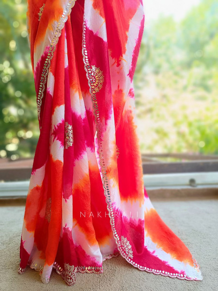 Rangriti Red Leheriya Saree with Sequin Gota Blouse