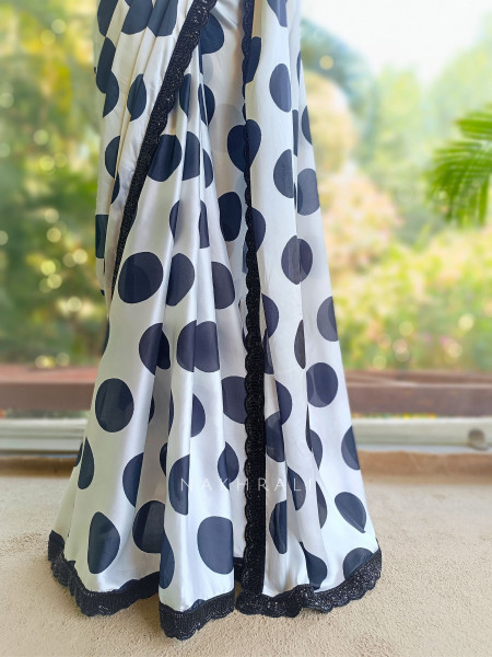 Kavika Black & White Polka Dot Georgette Saree with Lace Border