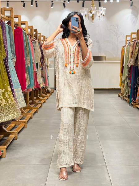 Kavira White Co-Ord Set with Multicolor Embroidery