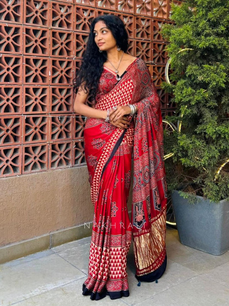 Naqsh Red Ajrakh Print Modal Saree
