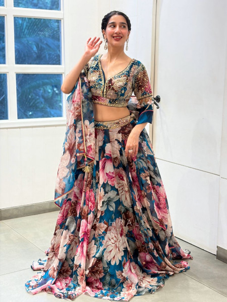 Marjaan Multicolor Organza Silk Floral Printed Lehenga with Zardozi, Cutdana & Sequin Work