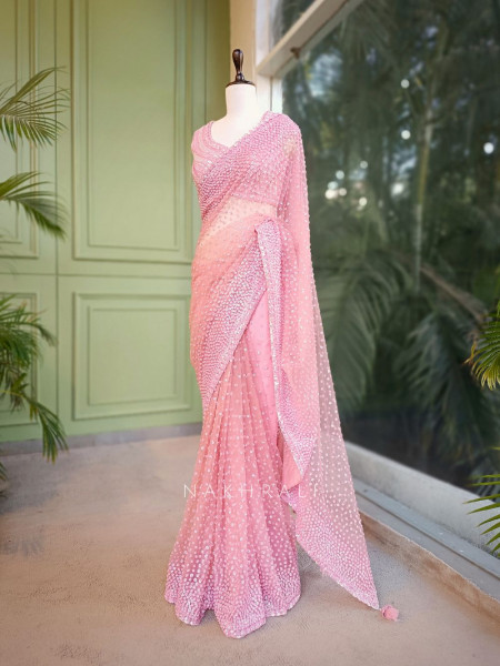 Chandelier Pink Net Saree with Sequin and Cut Dana Blouse