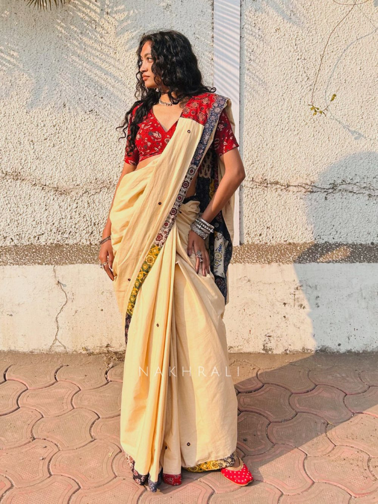 Image of Sootra Cream Cotton Saree with Patchwork Border