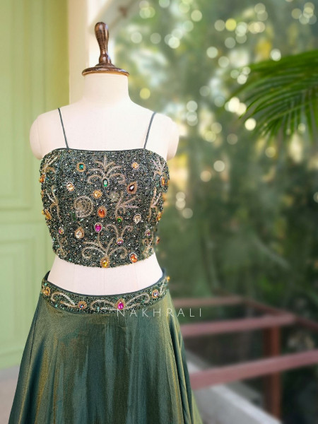 Urban Flare Green Indo-Western Lehenga Set with Cut Dana and Stone Work