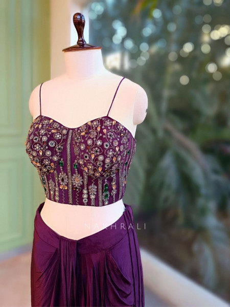 Vireya Wine Pre-Draped Saree with Embellished Blouse