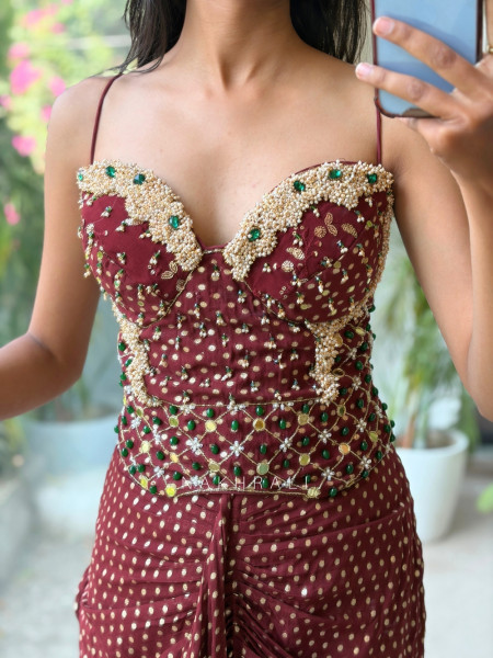 Artifact Brown Indo-Western Corset Crop Top & Pre-Draped Skirt