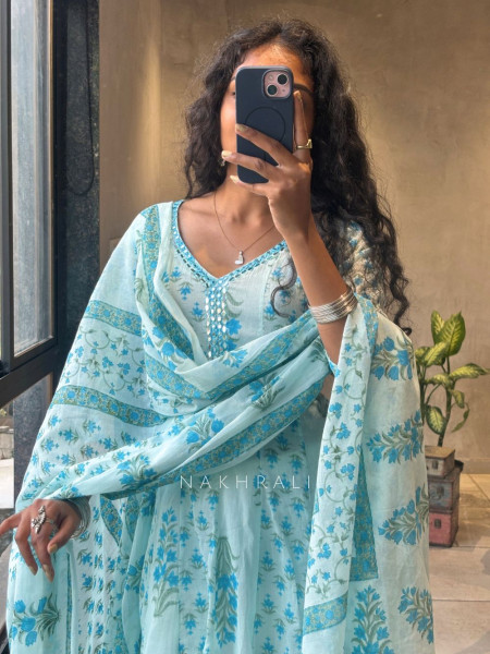 Aarika Blue Cotton Printed Kurta Set with Dupatta