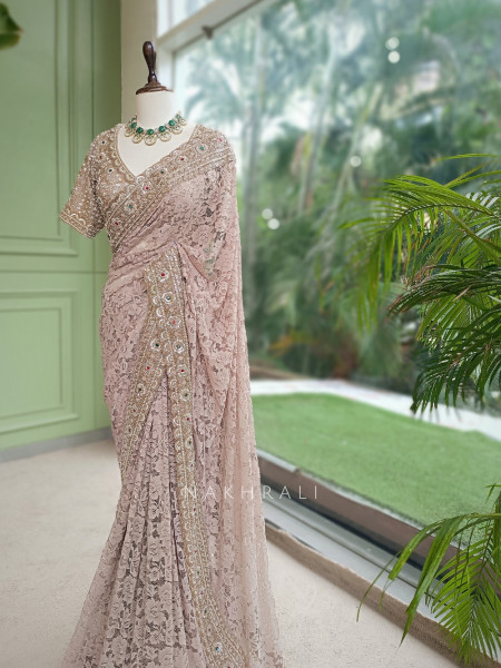 Lunara Beige French Chantilly Lace Designer Saree with Readymade Blouse
