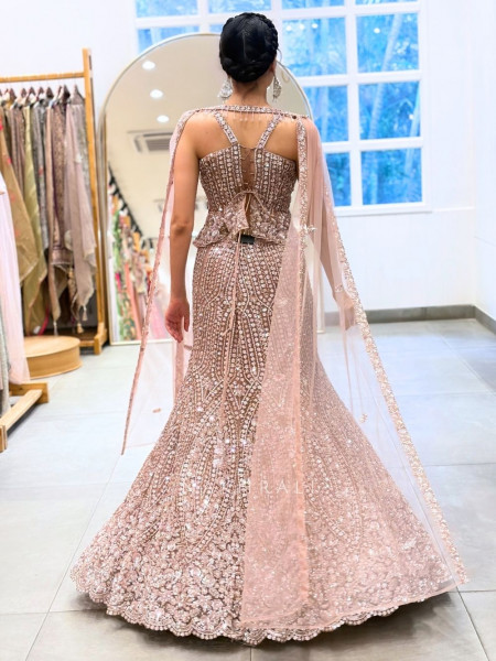 Rose Gold Lattice Cape Ensemble Fish Cut Lehenga