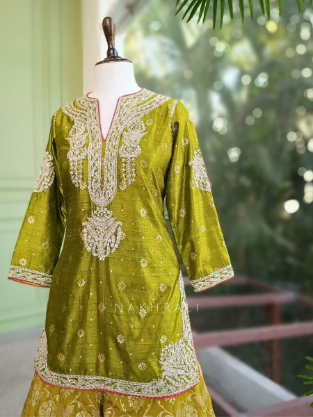 Anokhi Olive Green Zari Sequin Suit Set with Contrast Dupatta