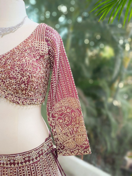 Ruvira Wine Bridal Lehenga with Zari and Sequin Work