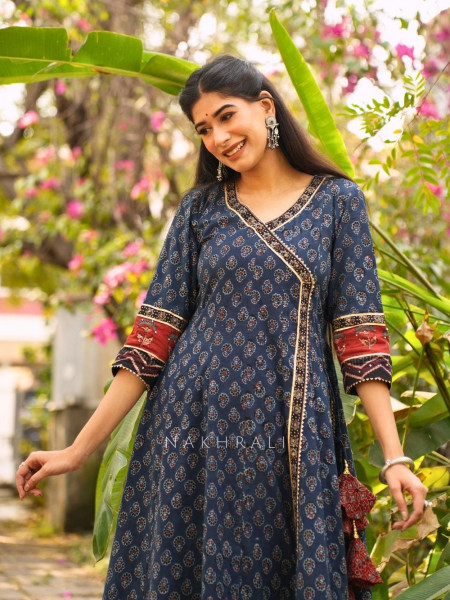 Mirza Blue Angrakha Cotton Kurta