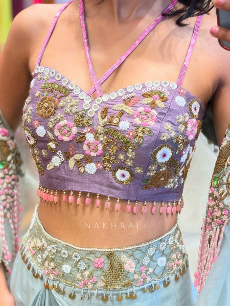 Vyomi Blue Indo Western Crop Top Skirt Set with Multicolor Embroidery