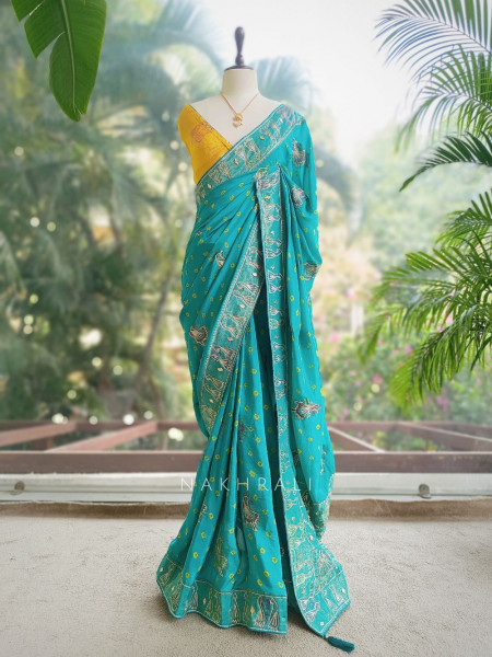Kavira Rama Green Bandhej Saree with Zari Weaved Border