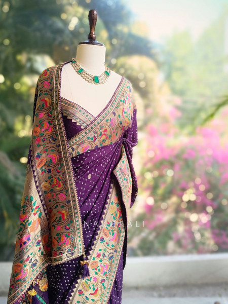 Rivaya Purple Bandhani Saree with Ornate Border