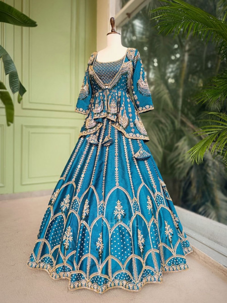 Siyara Blue Indo-Western Lehenga Set with Embroidered Jacket and Dupatta