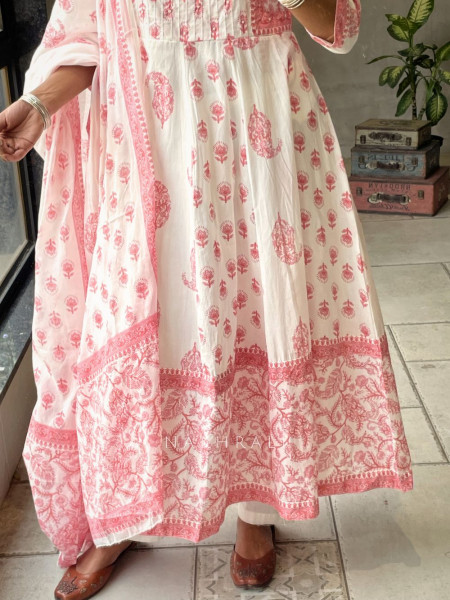 Nerith Pink Cotton Suit Set with Floral Block Print