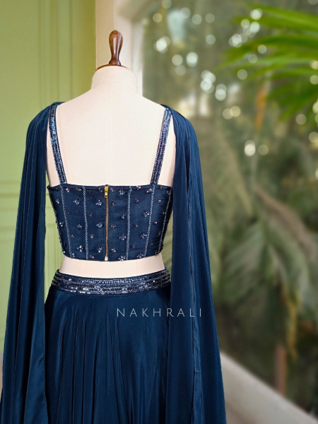 Meadow Navy Blue Lehenga Set with Beads and Sequin Work