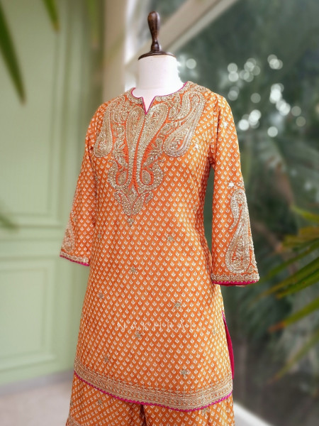 Flare Luxe Orange Gharara Set with Pearl and Sequin Work