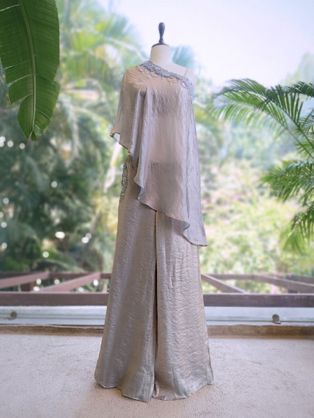 Leoria Grey Satin Indo Western Palazzo Set with Beaded Off Shoulder Top