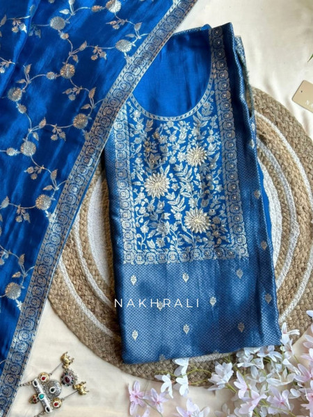 Koshika Blue Banarasi Woven Silk Dress Material
