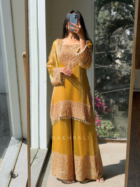 Zoya Mustard Tissue Suit Set with Zari Work