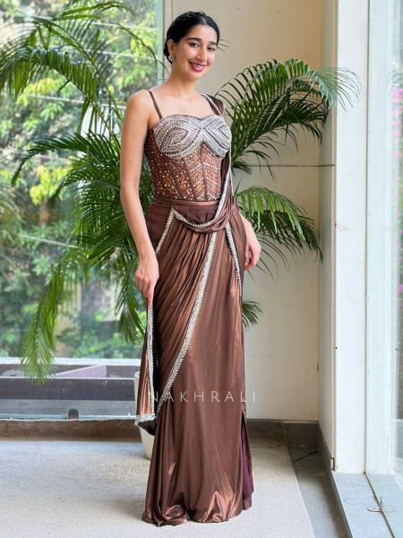 Noir Diva Brown Drape Saree with Sequin and Cut Dana Work