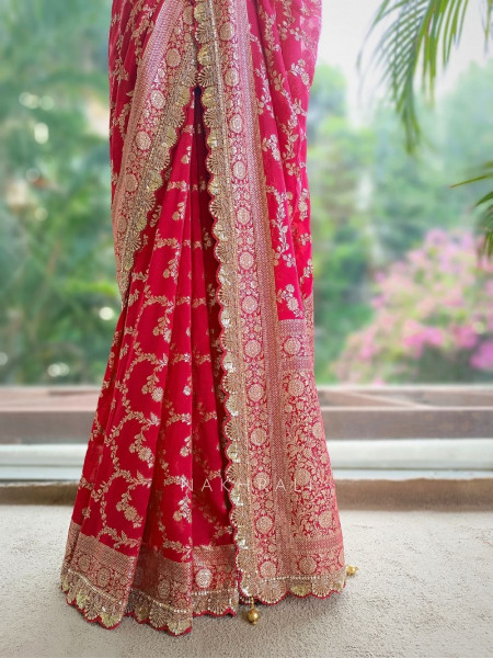 Tarangini Red Banarasi Silk Blend Saree with Readymade Blouse