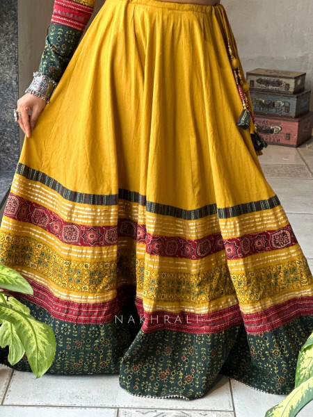 Jugni Yellow Block Printed Cotton Chaniya Choli