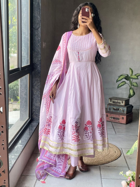 Mishka Pink Cotton Anarkali Suit Set with Print Work