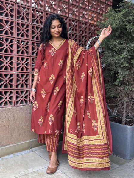 Tivora Maroon Cotton Suit Set with Floral Print