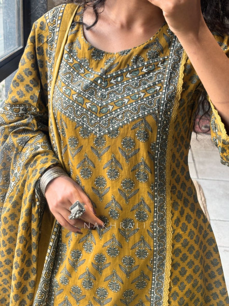 Tarin Mustard Cotton Suit Set with Floral Print