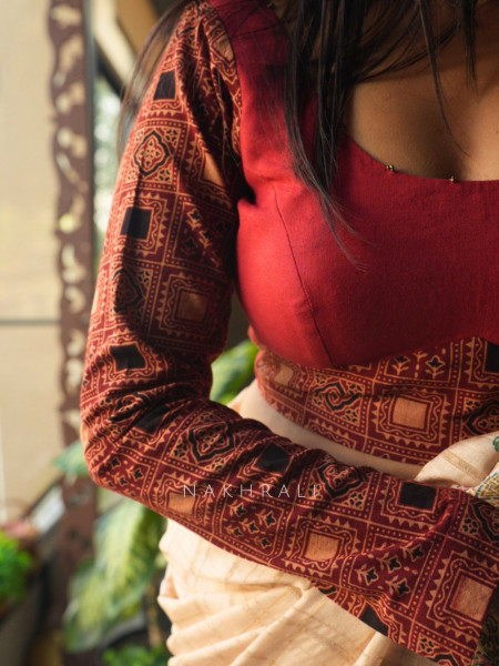 Taal Rang Red Cotton Blouse with Beaded Neckline