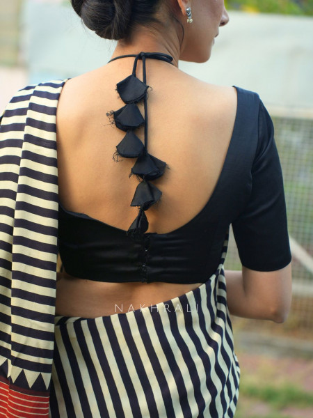 Nivara Black Modal Saree with Stripe and Printed Border