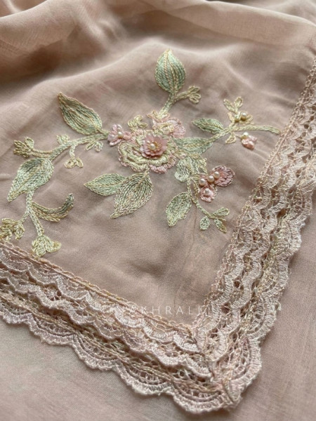 Lunora Pink  Floral Embroidered Dress Material with Pearl Detail