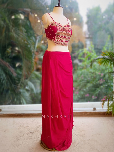 Ruhani Red Crop Top Skirt Set with Embroidered Shrug