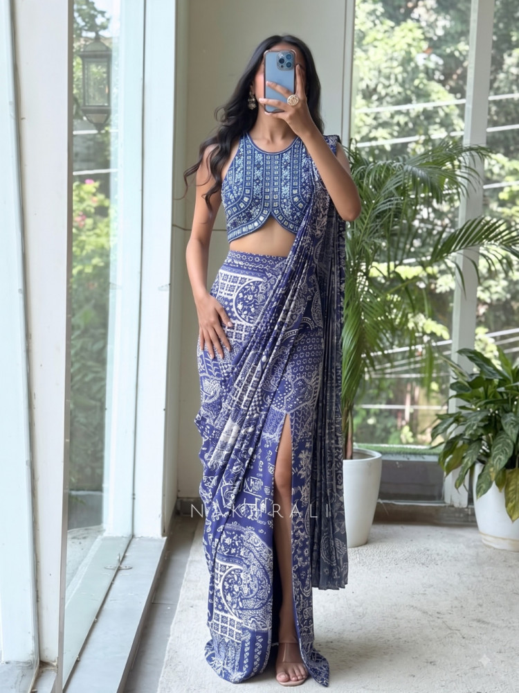 Image of Zeenat Blue Pre-Draped Saree