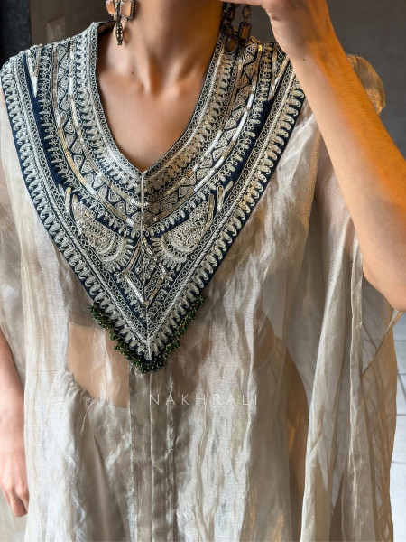 Silvara Beige Tissue Kaftan Palazzo Set with Sequin Embroidery