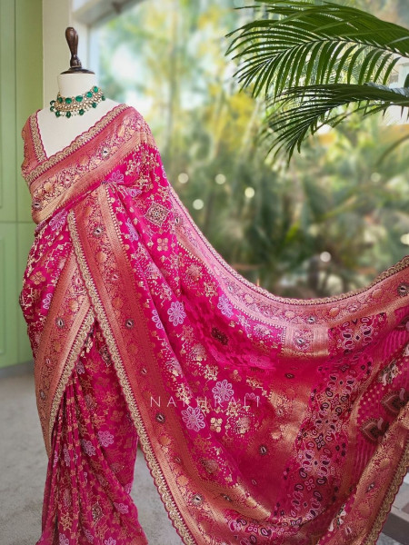 Anant Bindu Magenta Bandhani Print Saree with Sequin Border