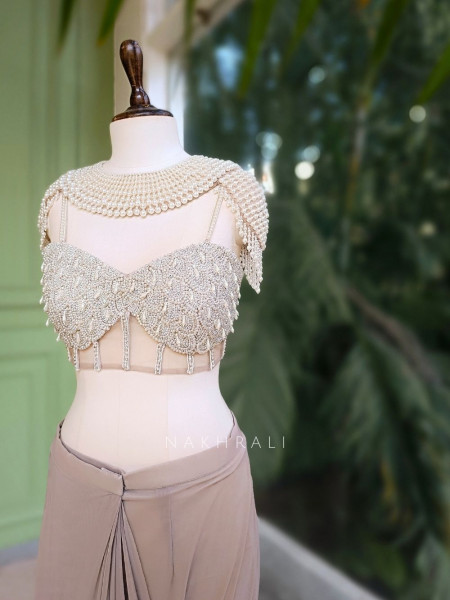 Briona Grey Drape Saree with Pearl Embellished Blouse