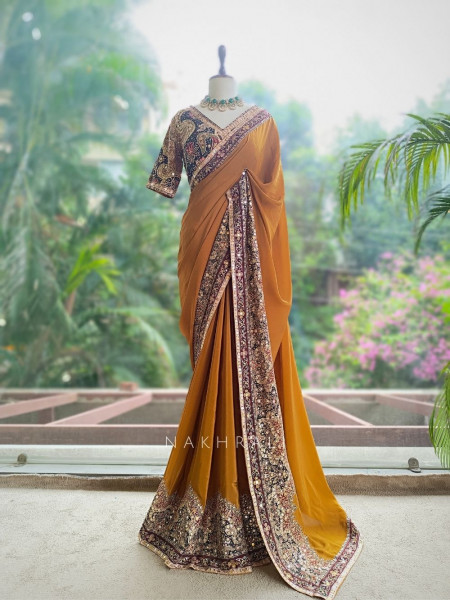 Dhara Mustard Georgette Silk Saree With Kalamkari & Cutdana Work